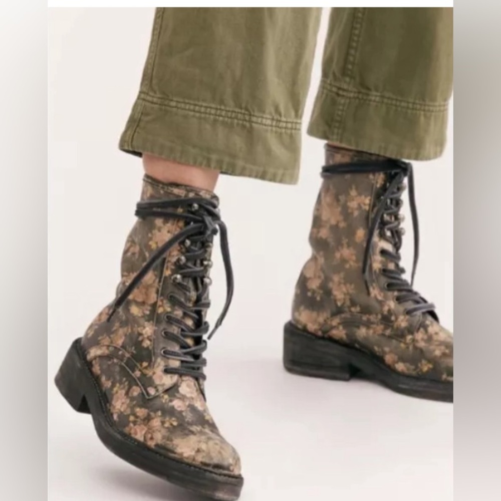 Free People Floral Lace-Up Combat Boots - Black and Brown